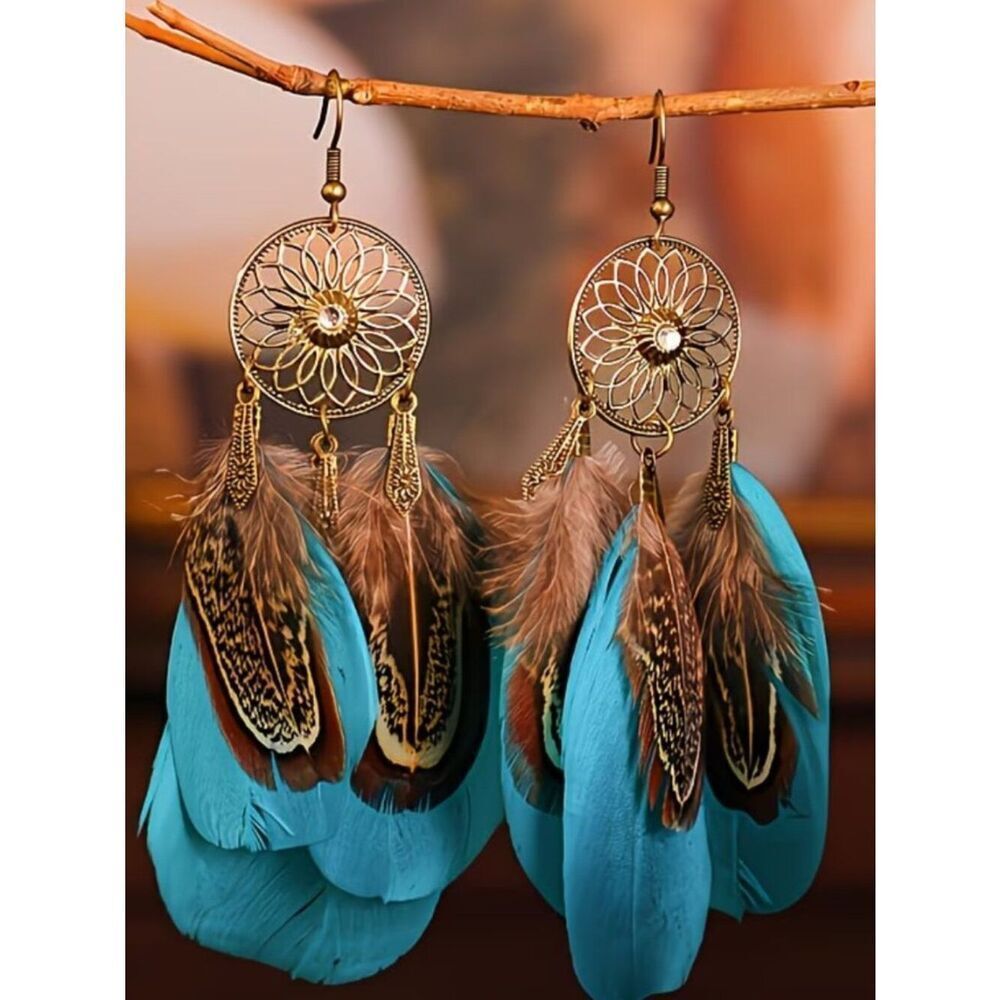Dreamcatcher Earrings Turquoise Feather American Bohemian Western Aged Bronze